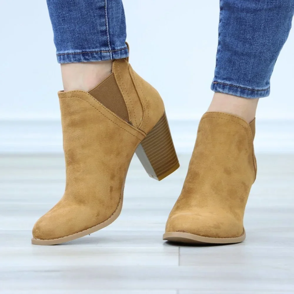 Block High Heeled Ankle Boots Brown Synthetic Suede Chelsea Cone - Picture 10 of 15